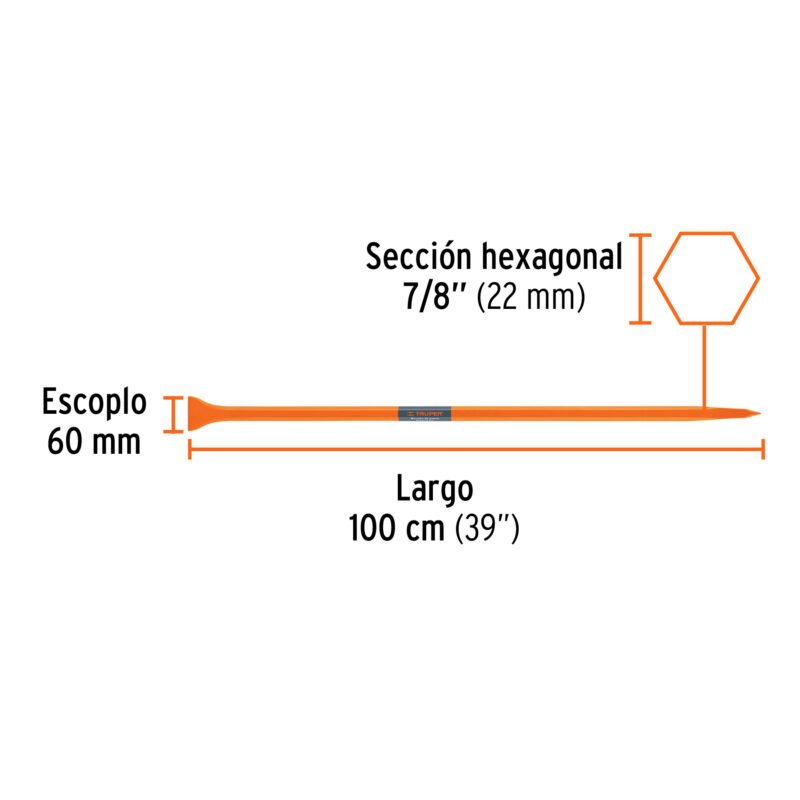 BAP-100FC2.jpg Código: 10750 Barreta de punta de 7/8' x 100 cm, escoplo 60 mm, Truper BAP-100