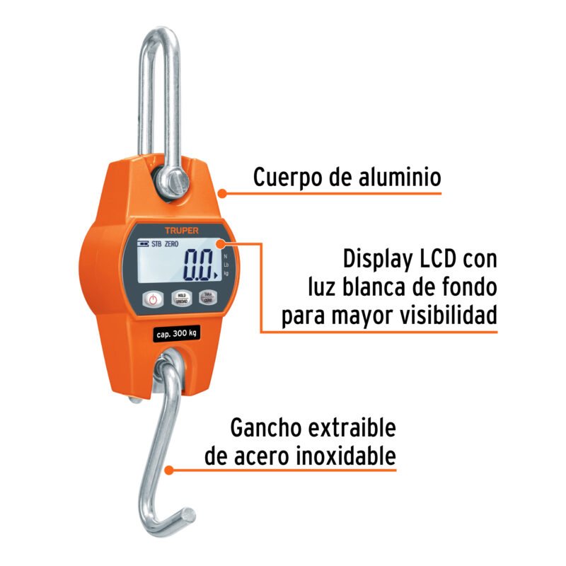 BASE-300CFC1.jpg Código: 100788 Báscula electrónica colgante, de pilas, 300 kg, Truper BASE-300C