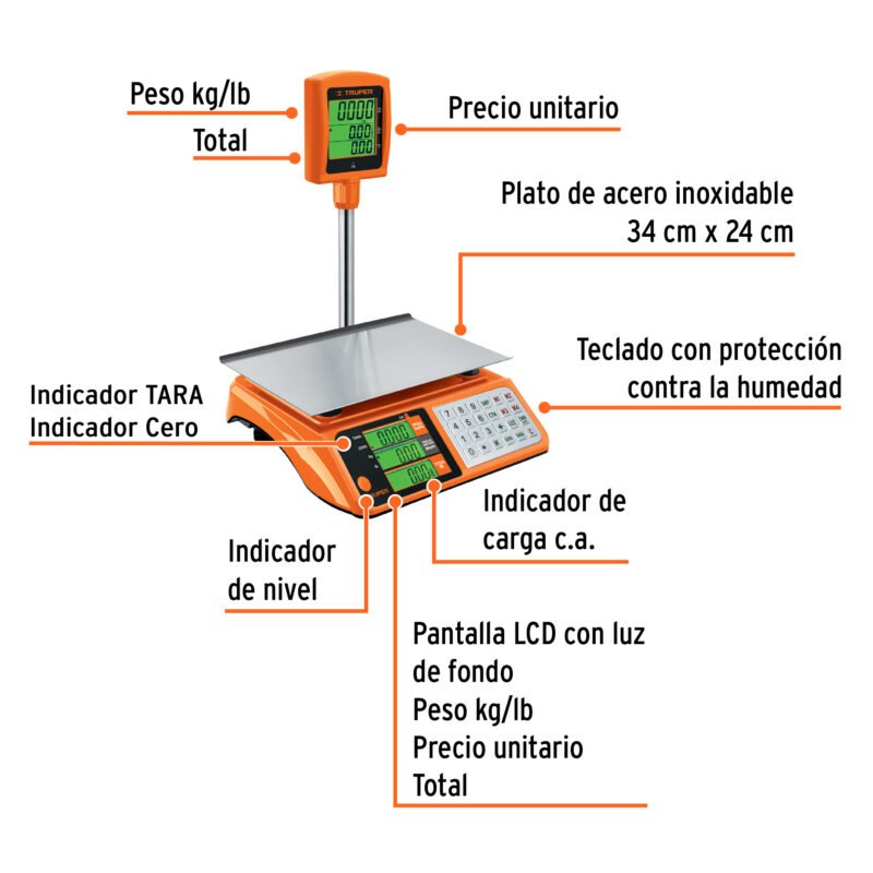 BASE-40TFC1.jpg Código: 100871 Báscula electrónica multifunciones con torreta 40 kg, Truper BASE-40T