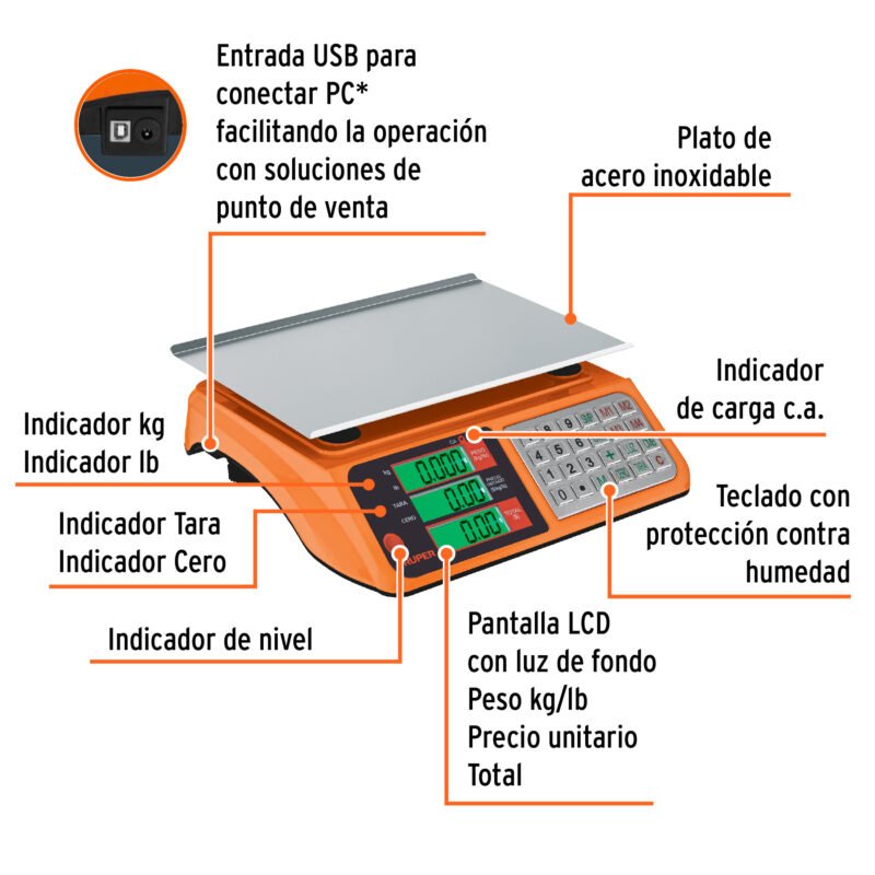 BASE-40UFC1.jpg Código: 103131 Báscula electrónica multifunciones 40 kg USB, Truper BASE-40U