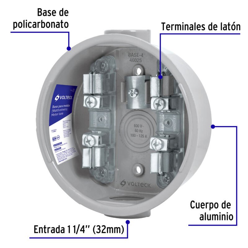 BASE-4FC1.jpg Código: 46025 Base para watthorímetro, 4 terminales, Volteck BASE-4