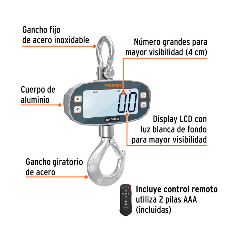 BASE-500CFC1.jpg Código: 102543 Báscula electrónica colgante, recargable, 500 kg, Truper BASE-500C