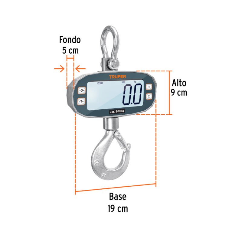 BASE-500CFC2.jpg Código: 102543 Báscula electrónica colgante, recargable, 500 kg, Truper BASE-500C