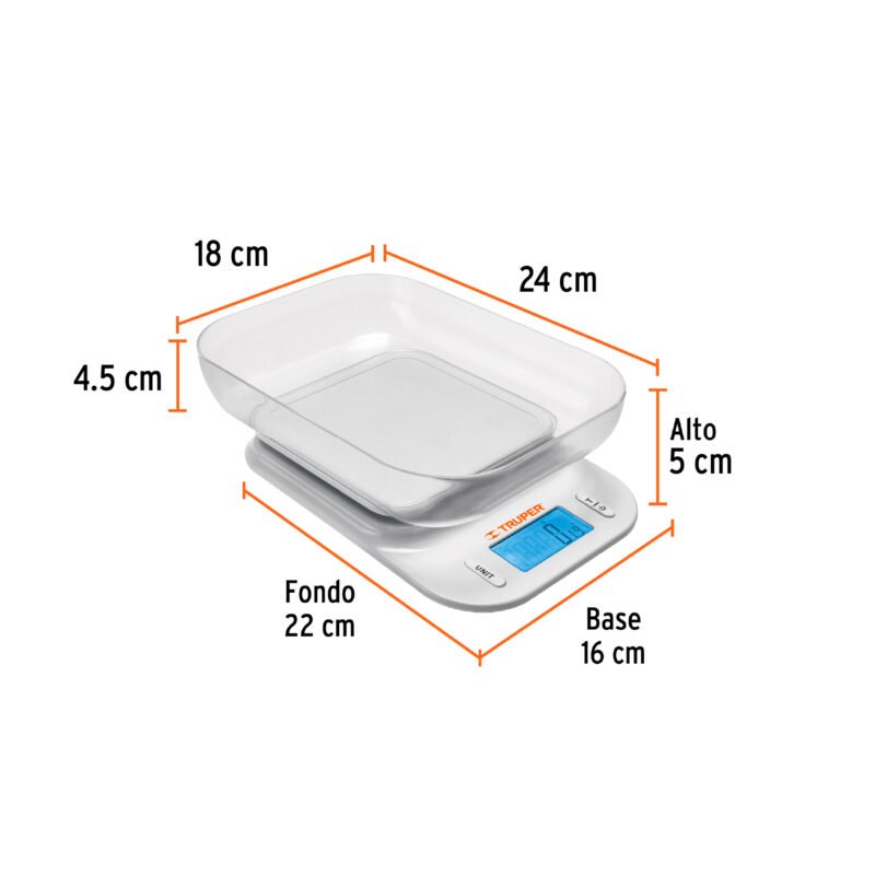 BASE-5TFC1.jpg Código: 102421 Báscula digital para cocina, con tazón, 5 kg, Truper BASE-5T