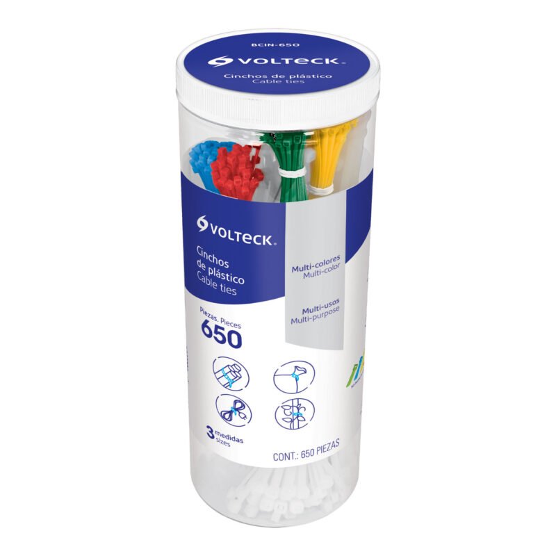 BCIN-650.jpg Código: 44298 Bote con 650 cinchos plásticos en colores surtidos, Volteck BCIN-650