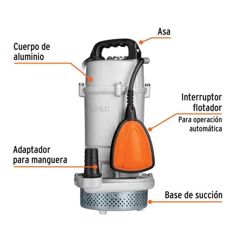 Código: 15003 Bomba sumergible cubierta aluminio,agua limpia, 1 HP, TRUPER BOS-1LPX