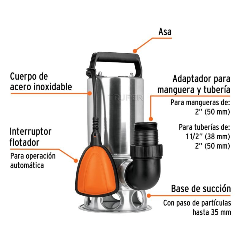 BOS-1SMFC1.jpg Código: 12607 Bomba sumergible acero inoxidable, agua sucia, 1 HP, TRUPER BOS-1SM