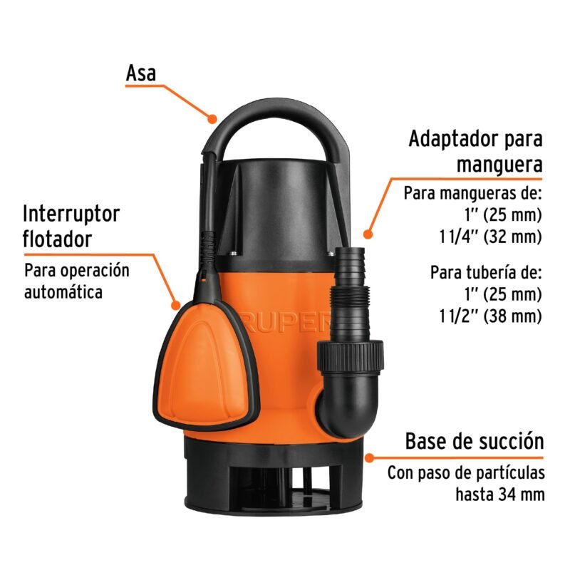 BOS-1SPFC1.jpg Código: 12603 Bomba sumergible plástica, 1 HP para agua sucia, Truper BOS-1SP