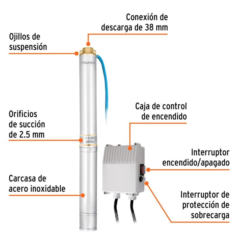 BOS-2LMFC1.jpg Código: 12627 Bomba sumergible tipo bala, 2HP, uso agrícola, TRUPER BOS-2LM