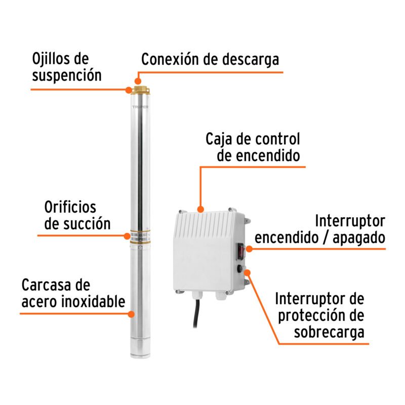 BOS-3LM-2FC1.jpg Código: 102978 Bomba sumergible tipo bala, 3HP, uso agrícola, 220V, TRUPER BOS-3LM-2