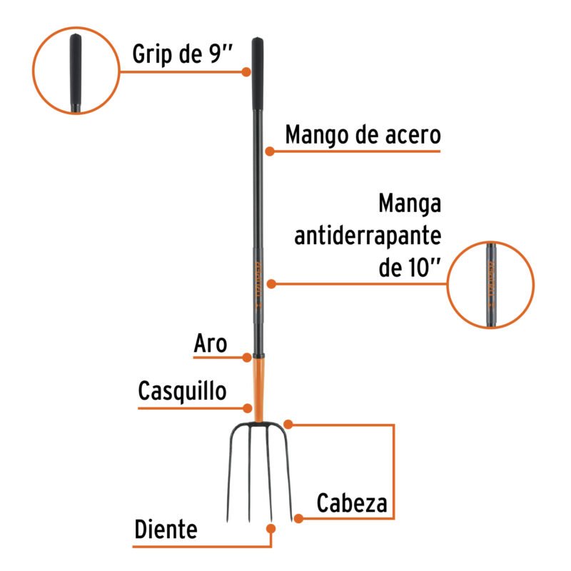 BPJ-4MFC1.jpg Código: 102100 Bieldo para paja, 4 dientes, mgo largo de acero 48' TRUPER BPJ-4M