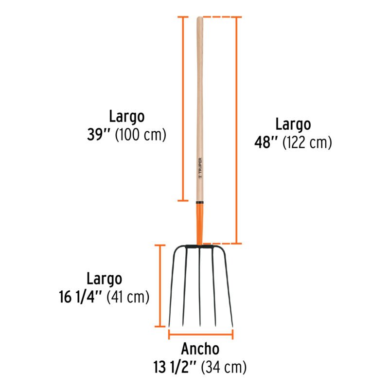 BPJ-5BFC2.jpg Código: 11008 Bieldo para paja, 5 dientes, mgo largo 48',cab/grande TRUPER BPJ-5B