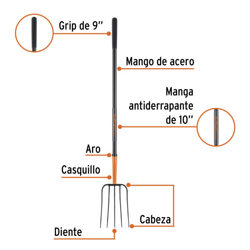 BPJ-5MFC1.jpg Código: 102101 Bieldo para paja, 5 dientes, mgo largo de acero 48' TRUPER BPJ-5M