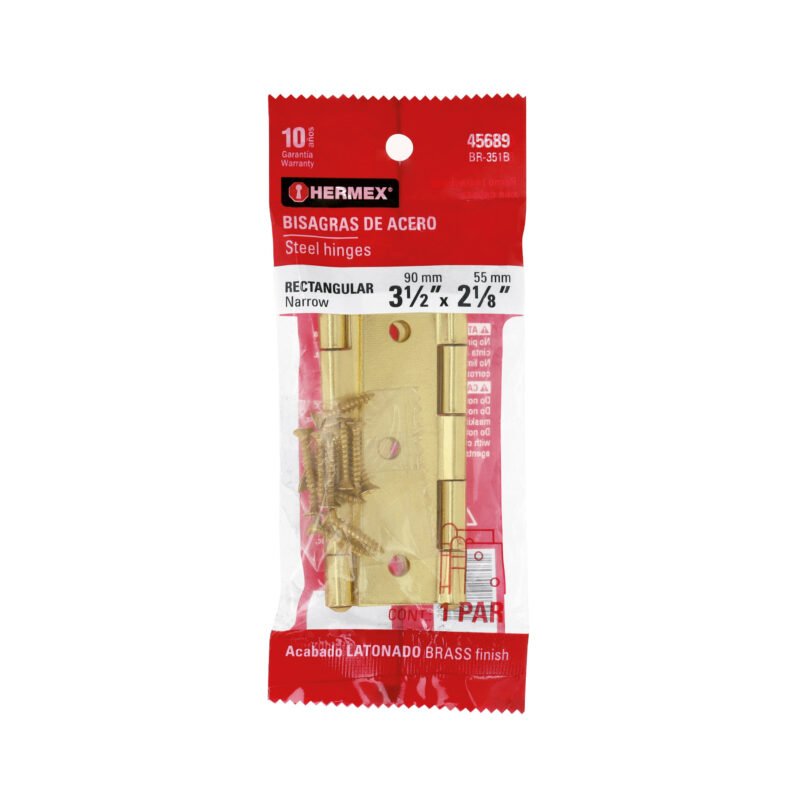 BR-351B.jpg Código: 45689 Bolsa con 2 bisagras rectangulares 3-1/2', acero latonado BR-351B