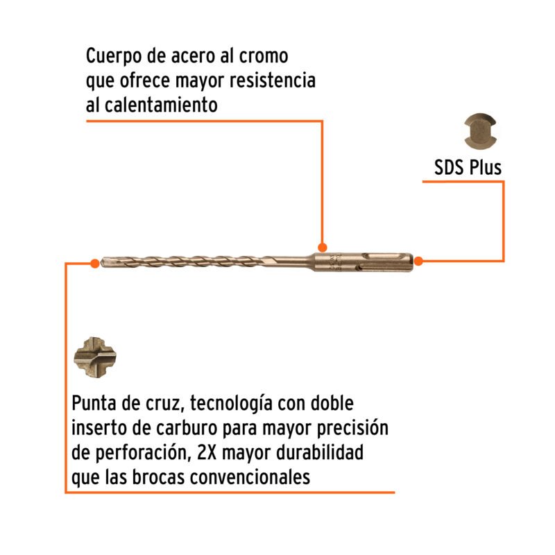 BS-6X160FC1.jpg Código: 101109 Broca SDS Plus 6 x 160 mm, Truper BS-6X160