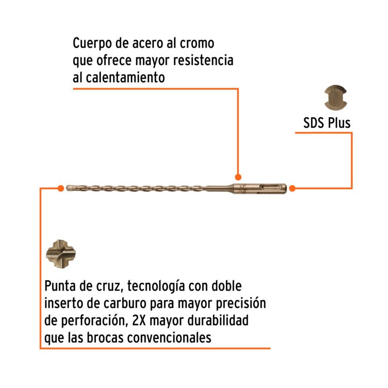 BS-6X210FC1.jpg Código: 101190 Broca SDS Plus 6 x 210 mm, Truper BS-6X210