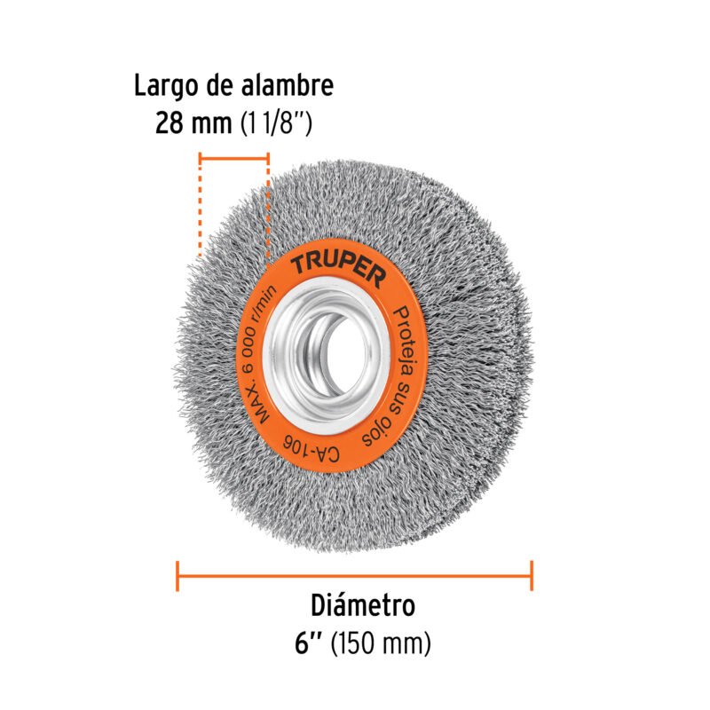 CA-106FC2.jpg Código: 11526 Carda alambre ondulado 6' x 1-1/8' para esmeril, Truper CA-106
