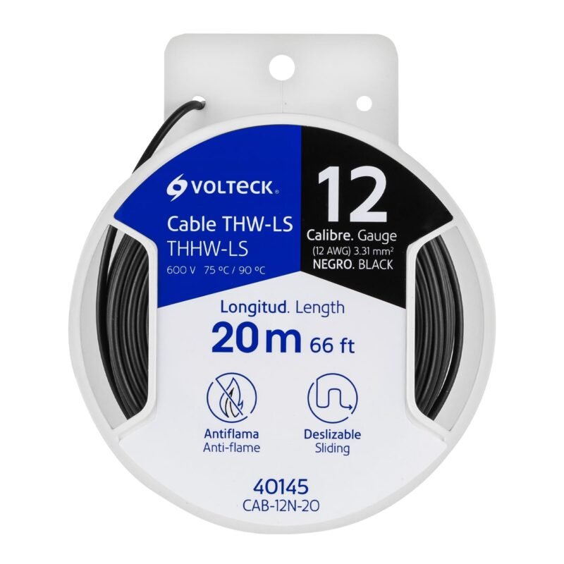 CAB-12N-20.jpg Código: 40145 Carrete con 20 m de cable THHW-LS 12 AWG negro, Volteck CAB-12N-20