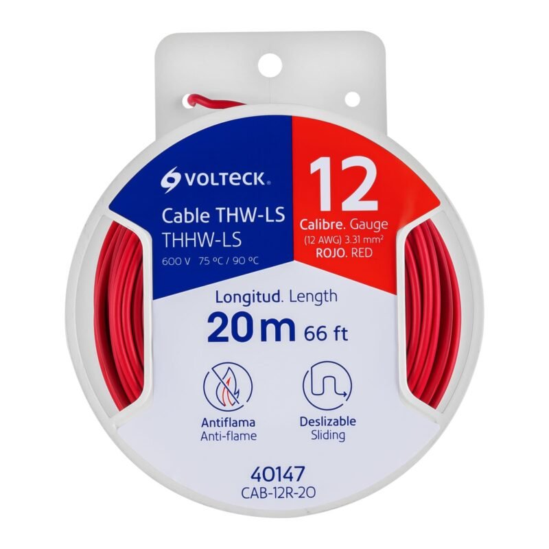 CAB-12R-20.jpg Código: 40147 Carrete con 20 m de cable THHW-LS 12 AWG rojo, Volteck CAB-12R-20