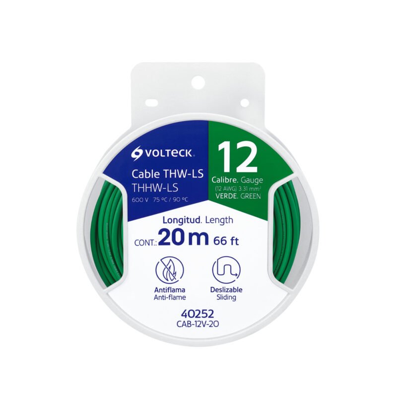CAB-12V-20.jpg Código: 40252 Carrete con 20 m de cable THHW-LS 12 AWG verde, Volteck CAB-12V-20