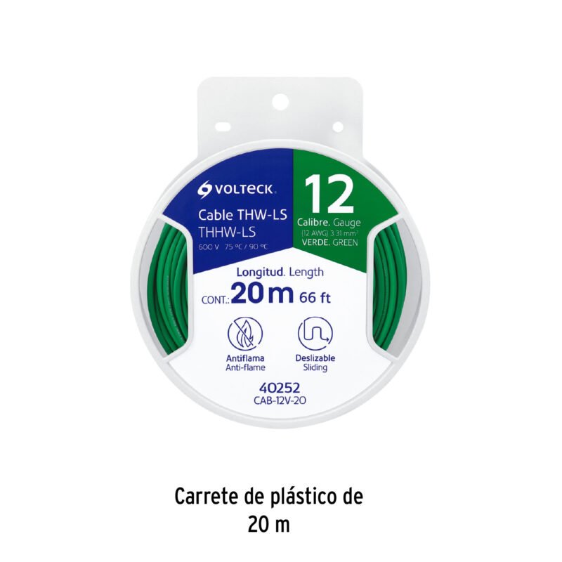 CAB-12V-20FC2.jpg Código: 40252 Carrete con 20 m de cable THHW-LS 12 AWG verde, Volteck CAB-12V-20