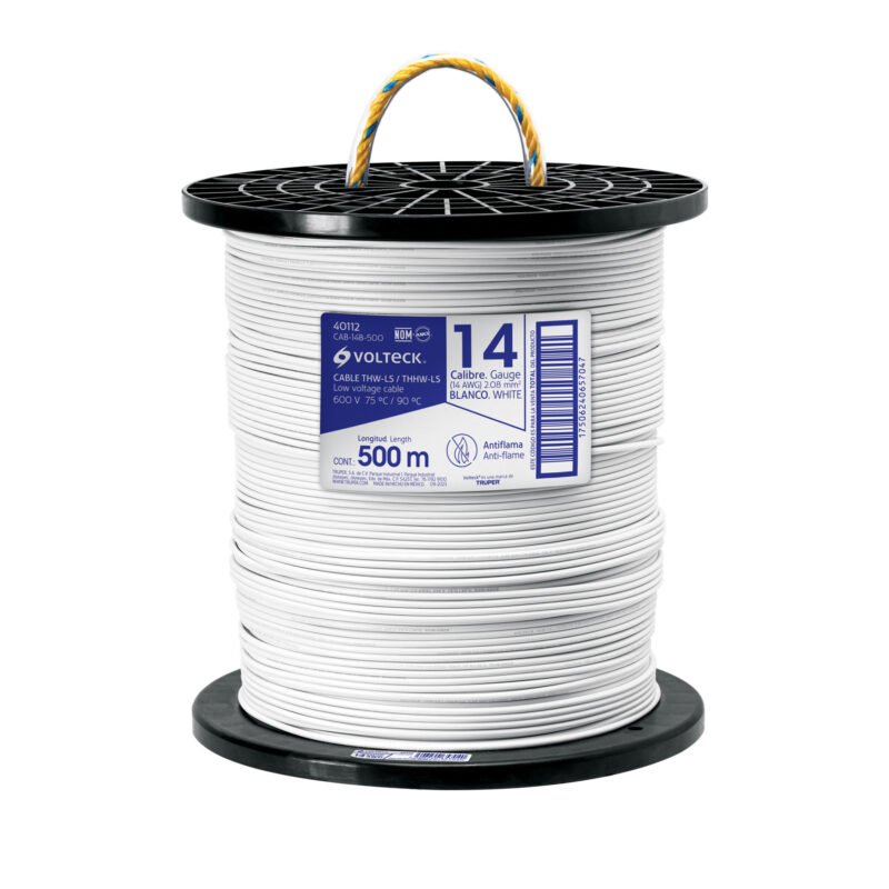 CAB-14B-500.jpg Código: 40112 Metro de cable THHW-LS 14 AWG blanco en carrete de 500 m CAB-14B-500