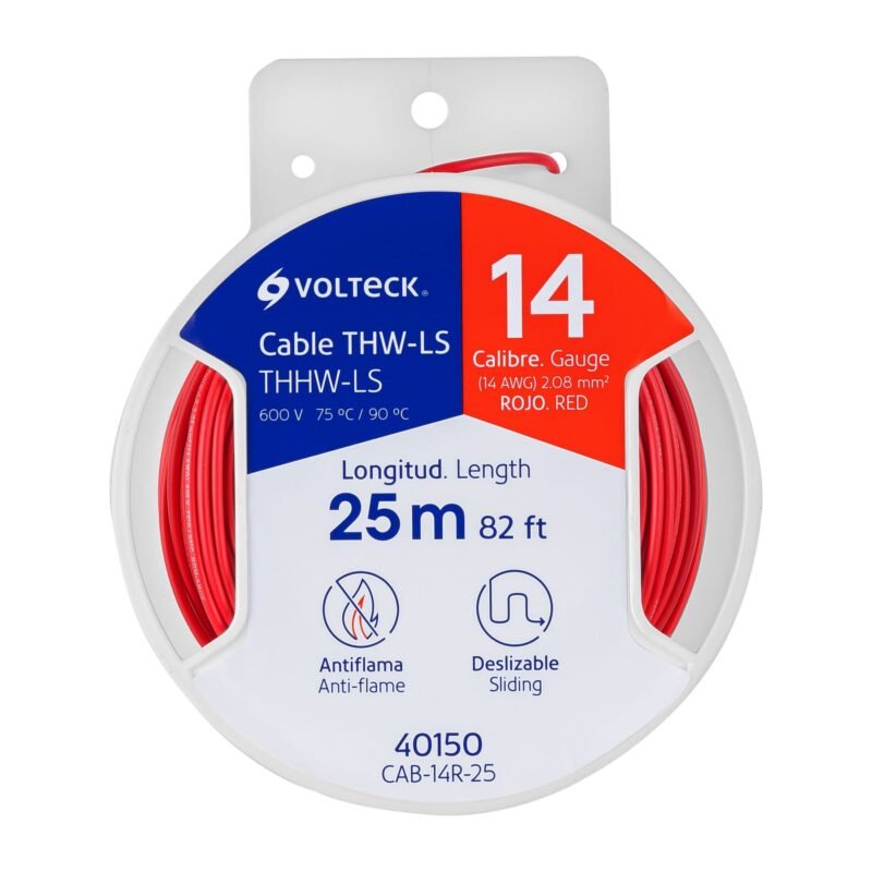 CAB-14R-25.jpg Código: 40150 Carrete con 25 m de cable THHW-LS 14 AWG rojo, Volteck CAB-14R-25