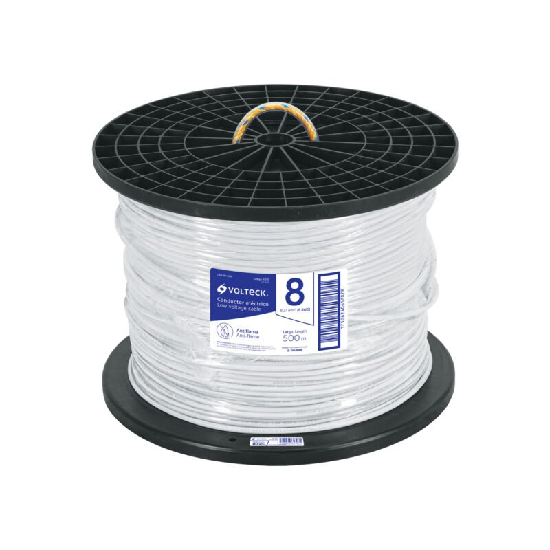 CAB-8B-500.jpg Código: 40115 Metro de cable THHW-LS 8 AWG blanco en carrete de 500 m CAB-8B-500