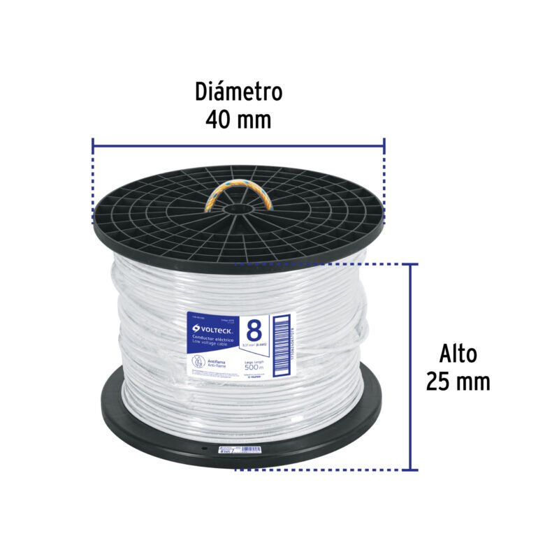 CAB-8B-500FC2.jpg Código: 40115 Metro de cable THHW-LS 8 AWG blanco en carrete de 500 m CAB-8B-500