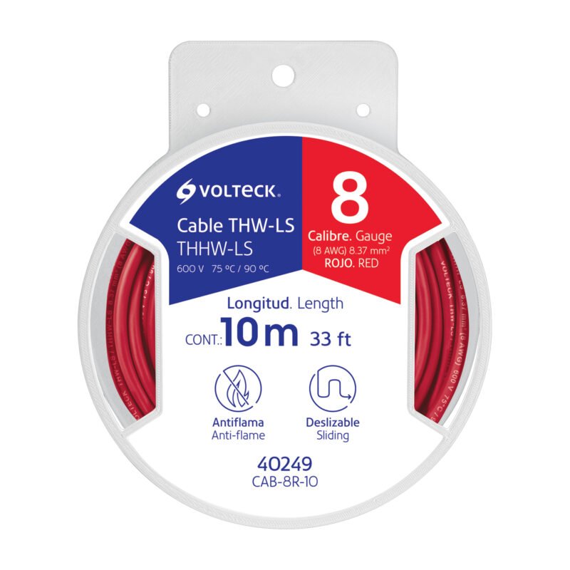 CAB-8R-10.jpg Código: 40249 Carrete con 10 m de cable THHW-LS 8 AWG rojo, Volteck CAB-8R-10