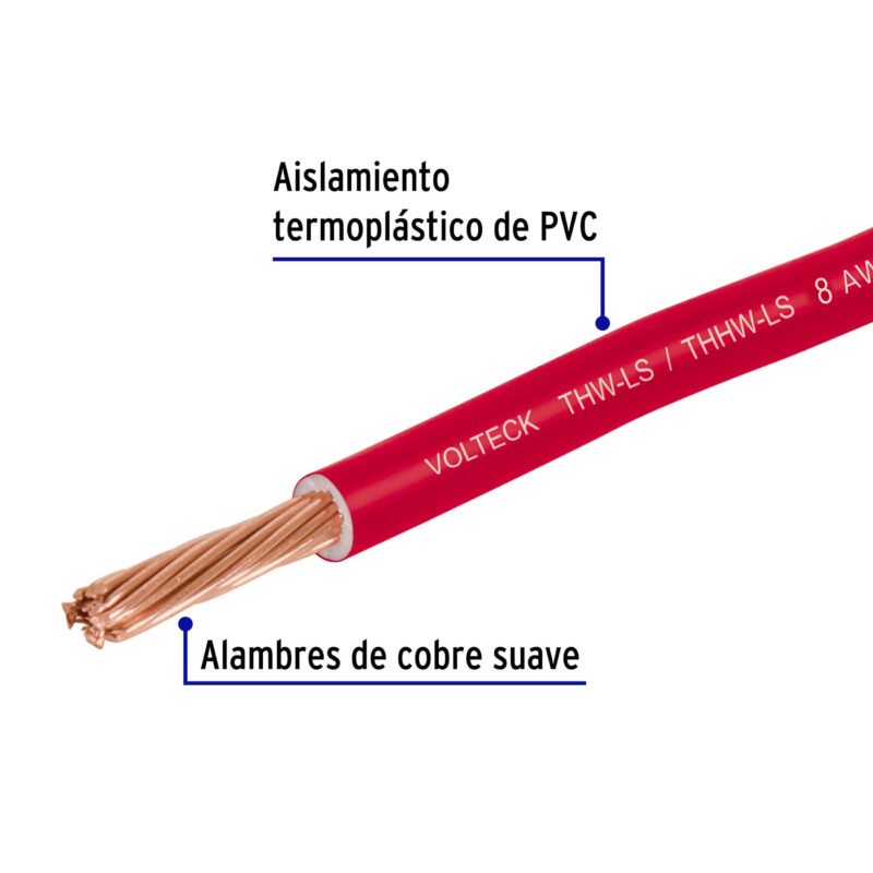 CAB-8R-10FC1.jpg Código: 40249 Carrete con 10 m de cable THHW-LS 8 AWG rojo, Volteck CAB-8R-10