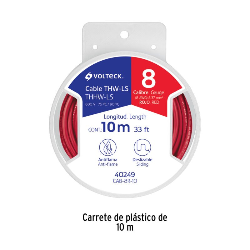 CAB-8R-10FC2.jpg Código: 40249 Carrete con 10 m de cable THHW-LS 8 AWG rojo, Volteck CAB-8R-10