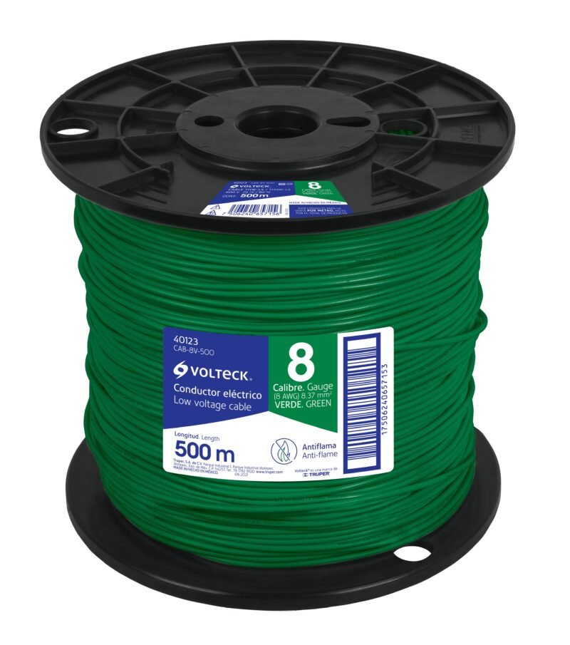 CAB-8V-500.jpg Código: 40123 Metro de cable THHW-LS 8 AWG verde en carrete de 500 m CAB-8V-500
