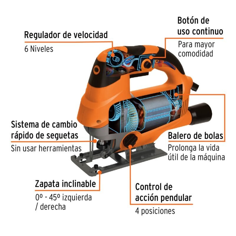 CALA-A5FC1.jpg Código: 15423 Sierra caladora 750W 5.9 A vel. variable, TRUPER PRO CALA-A5