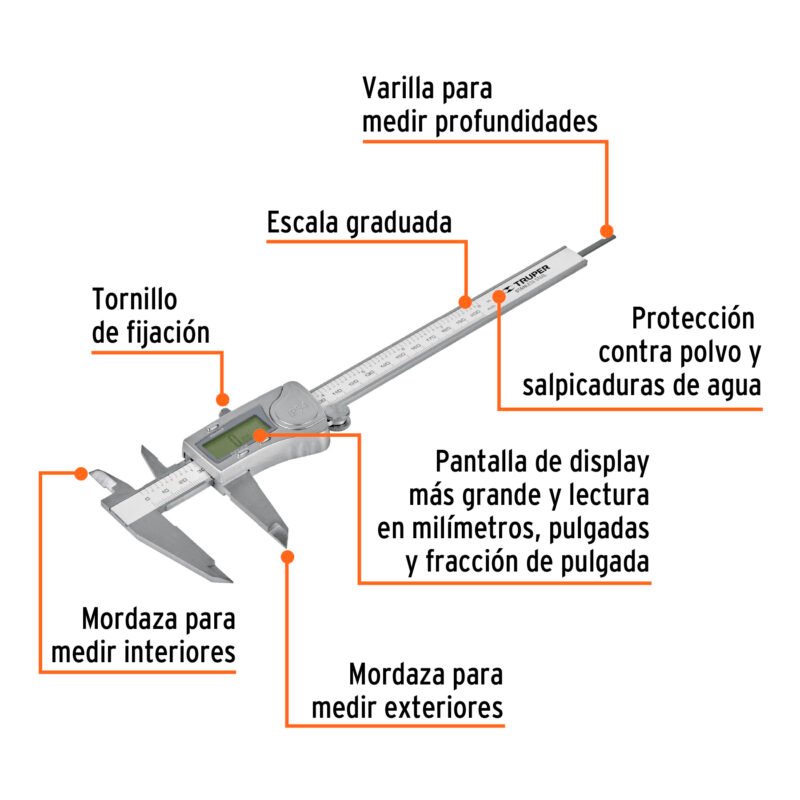 CALDI-6MPFC1.jpg Código: 14388 Calibrador vernier digital 6' acero inox, std y mm, Truper CALDI-6MP