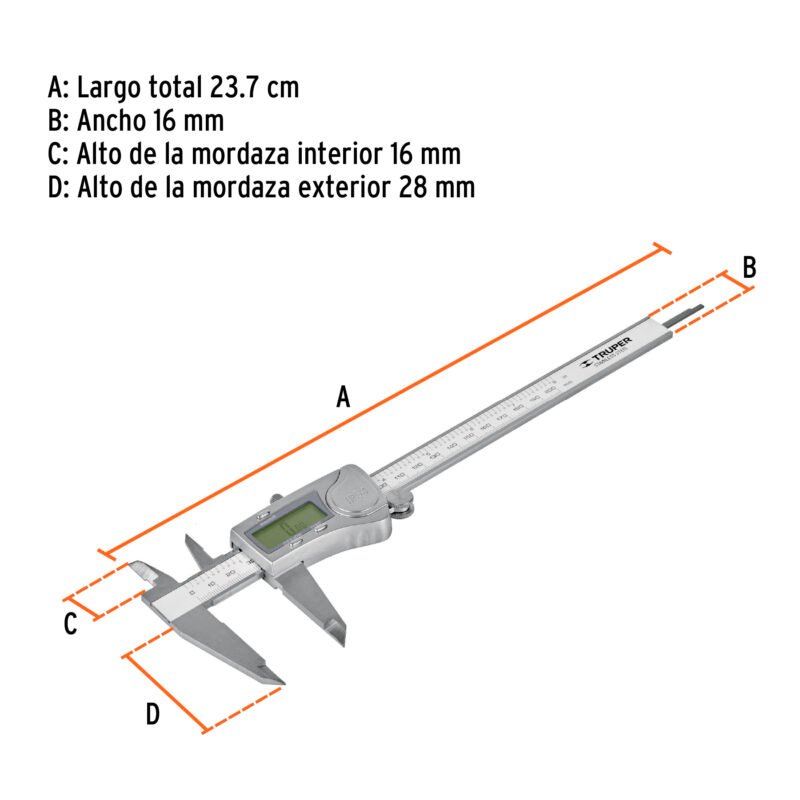 CALDI-6MPFC2.jpg Código: 14388 Calibrador vernier digital 6' acero inox, std y mm, Truper CALDI-6MP