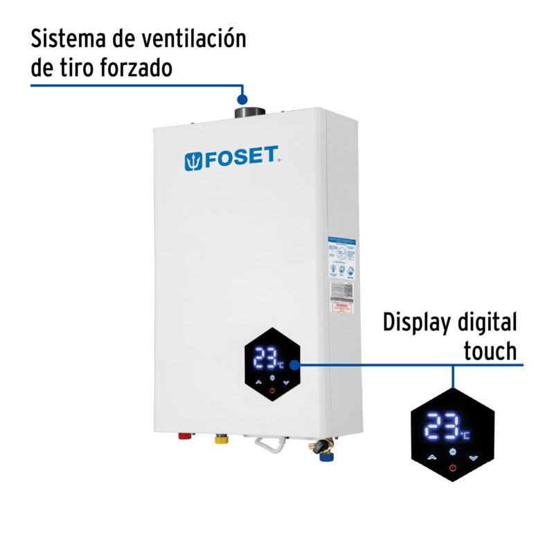 CALE-16IMFC1.jpg Código: 48016 Calentador instantáneo modulante, 16L, 3 serv, gas LP, Foset CALE-16IM