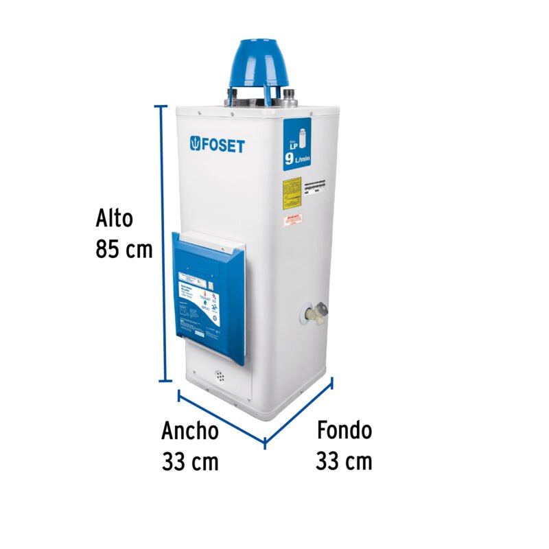 CALE-9P-EFC2.jpg Código: 45278 Calentador de paso, electrónico,9L, 2 servicios,gas LP,Foset CALE-9P-E