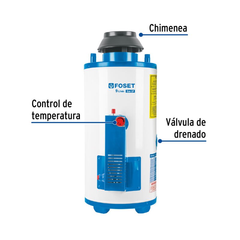 CALE-9PAFC1.jpg Código: 47922 Calentador de paso, rápida recup, 9L, 2 serv, gas LP, Foset CALE-9PA
