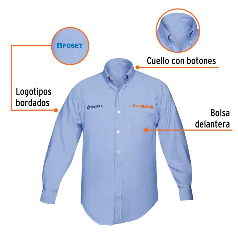 CAM-AZ-LSFC1.jpg Código: 60344 Camisa manga larga para hombre, azul, CH, Truper CAM-AZ-LS