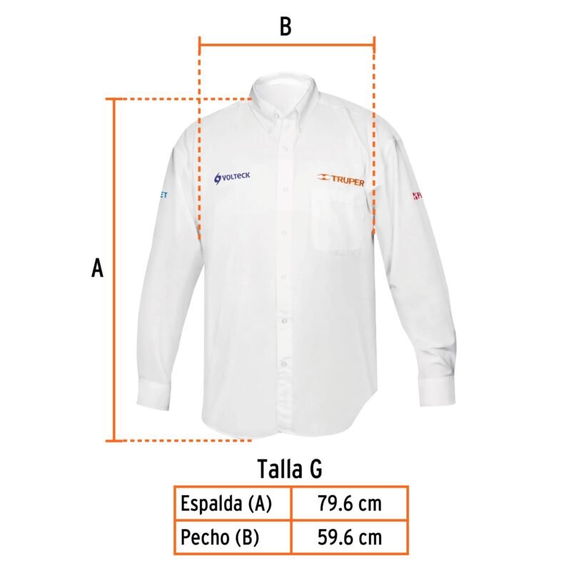 CAM-BCO-LLFC2.jpg Código: 60362 Camisa manga larga para hombre, blanca, G, Truper CAM-BCO-LL