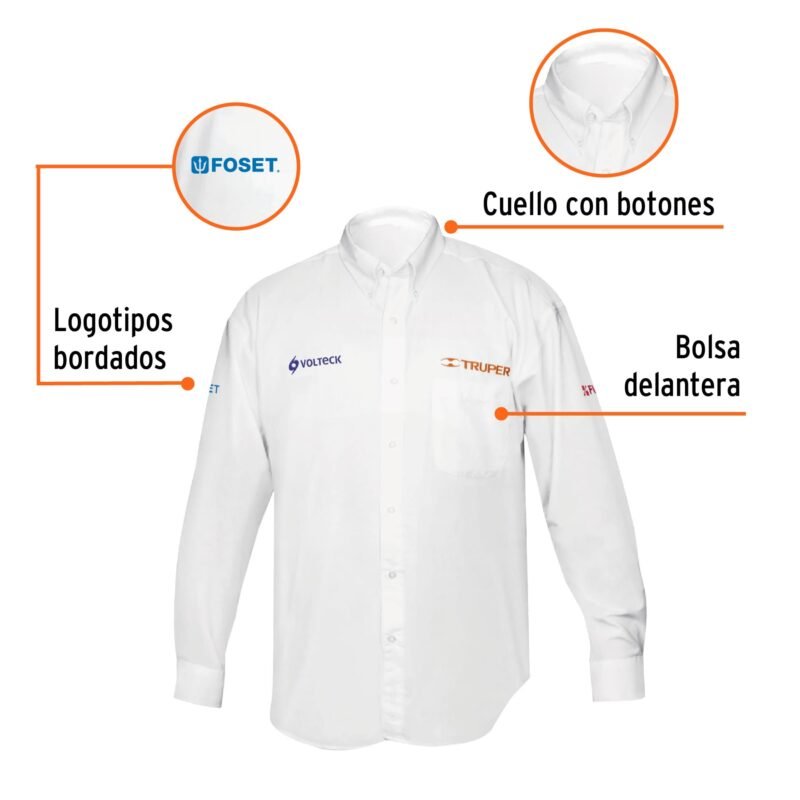 CAM-BCO-LSFC1.jpg Código: 60360 Camisa manga larga para hombre, blanca, CH, Truper CAM-BCO-LS