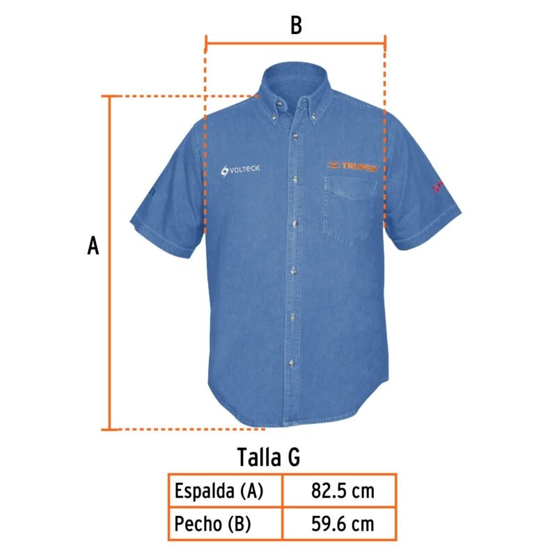 CAM-MEZ-CLFC2.jpg Código: 60342 Camisa de mezclilla manga corta para hombre, G, Truper CAM-MEZ-CL