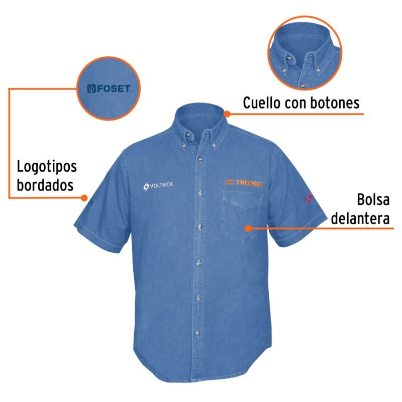 CAM-MEZ-CMFC1.jpg Código: 60341 Camisa de mezclilla manga corta para hombre, M, Truper CAM-MEZ-CM