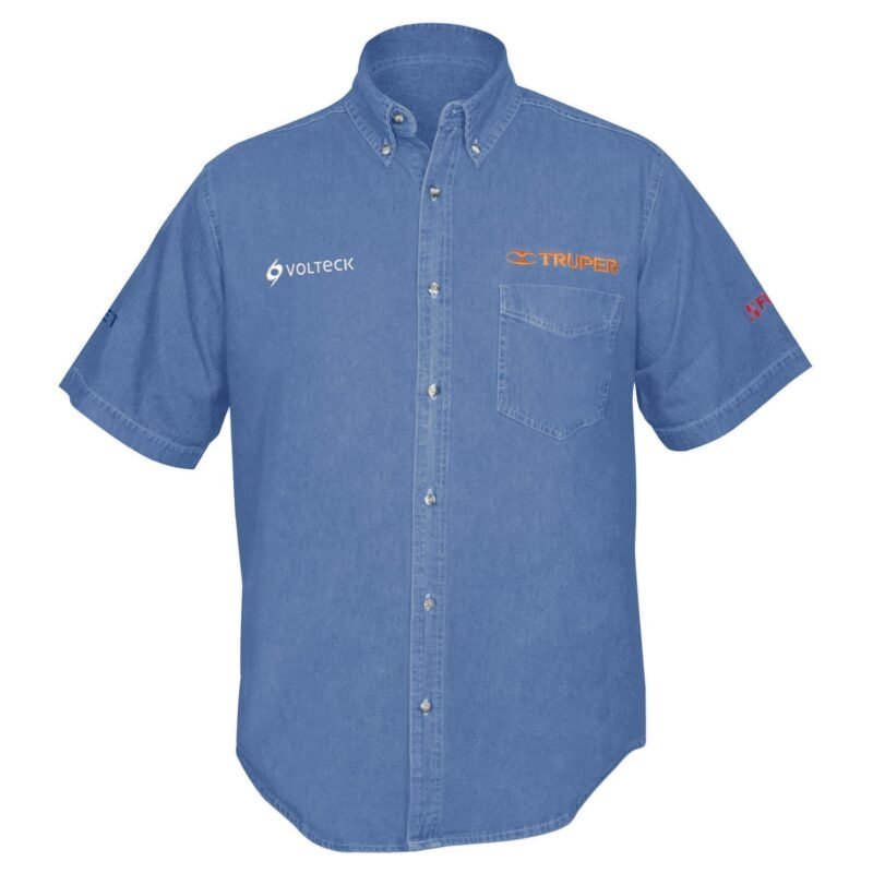 CAM-MEZ-CS.jpg Código: 60340 Camisa de mezclilla manga corta para hombre, CH, Truper CAM-MEZ-CS