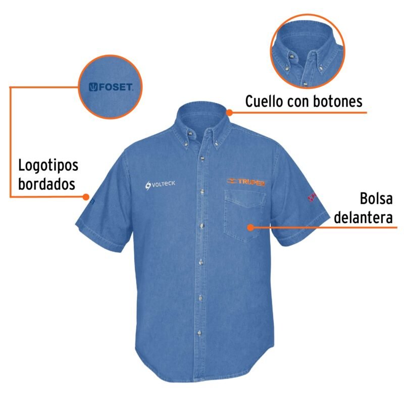 CAM-MEZ-CSFC1.jpg Código: 60340 Camisa de mezclilla manga corta para hombre, CH, Truper CAM-MEZ-CS