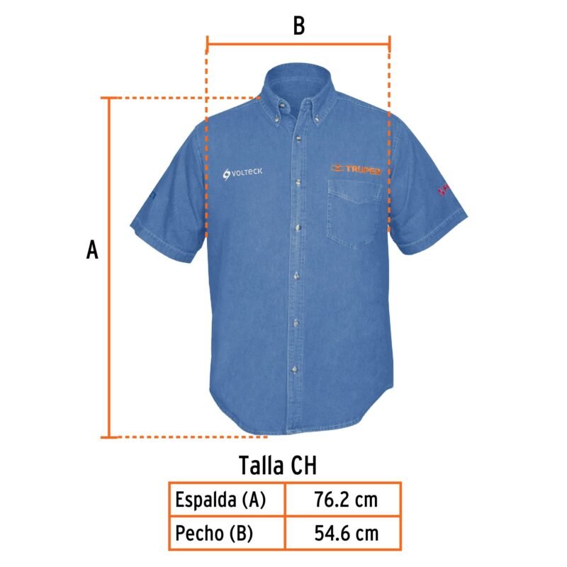 CAM-MEZ-CSFC2.jpg Código: 60340 Camisa de mezclilla manga corta para hombre, CH, Truper CAM-MEZ-CS