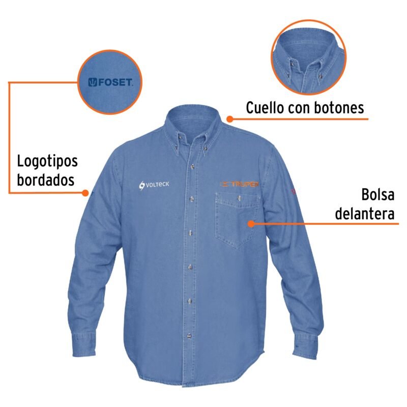 CAM-MEZ-LMFC1.jpg Código: 60337 Camisa de mezclilla manga larga para hombre, M, Truper CAM-MEZ-LM