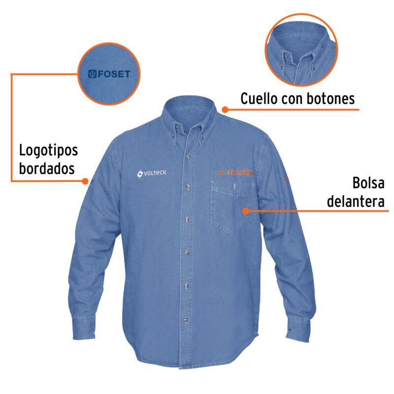CAM-MEZ-LSFC1.jpg Código: 60336 Camisa de mezclilla manga larga para hombre, CH, Truper CAM-MEZ-LS