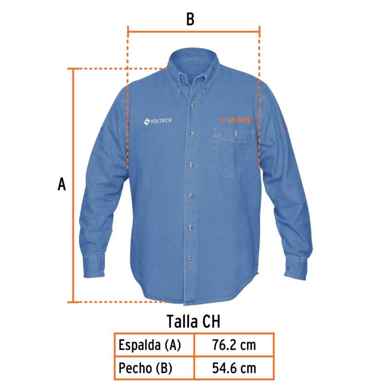 CAM-MEZ-LSFC2.jpg Código: 60336 Camisa de mezclilla manga larga para hombre, CH, Truper CAM-MEZ-LS